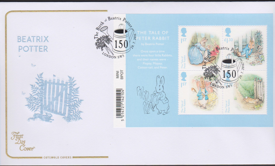 2016 - Beatrix Potter Minisheet COTSWOLD First Day Cover, London SW5 Postmark - Click Image to Close
